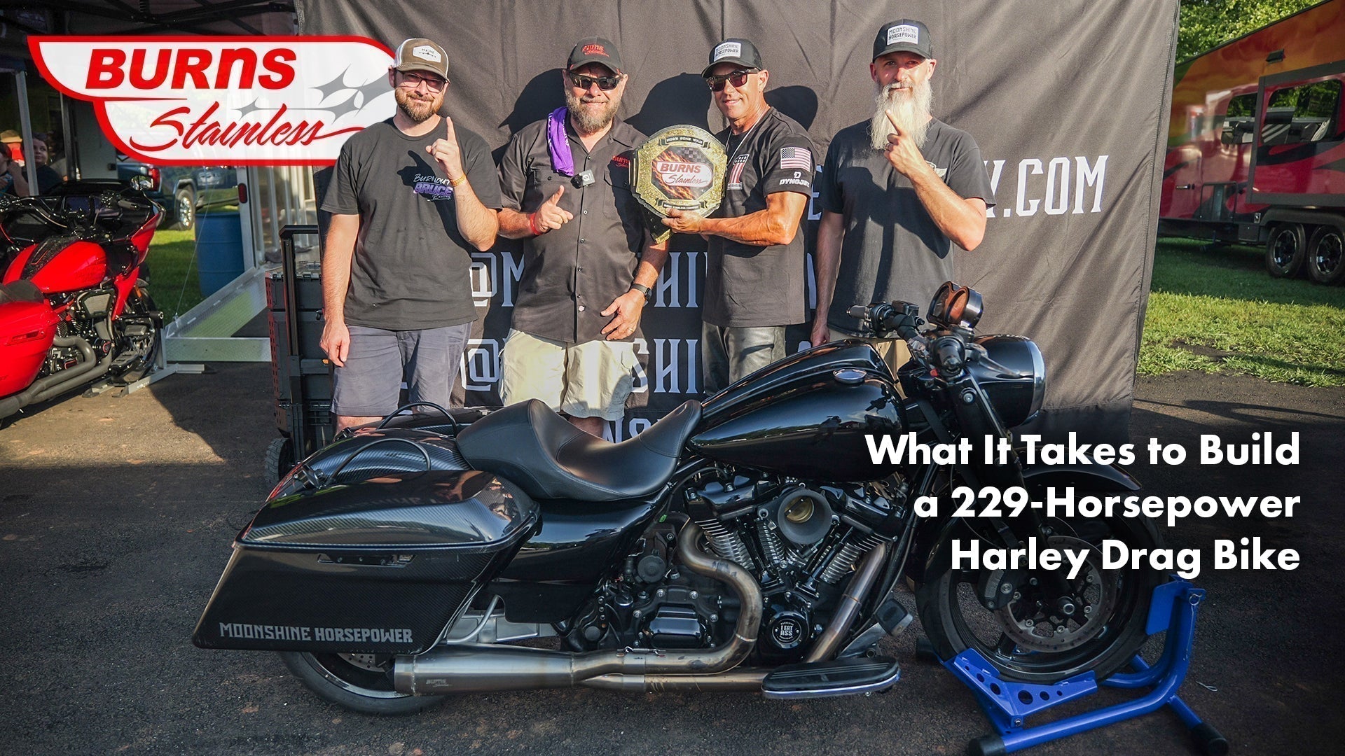 Moonshine Harley drag bike build Noisy Boy 150-cubic-inch drag bike with Burns Stainless WtF performance exhaust