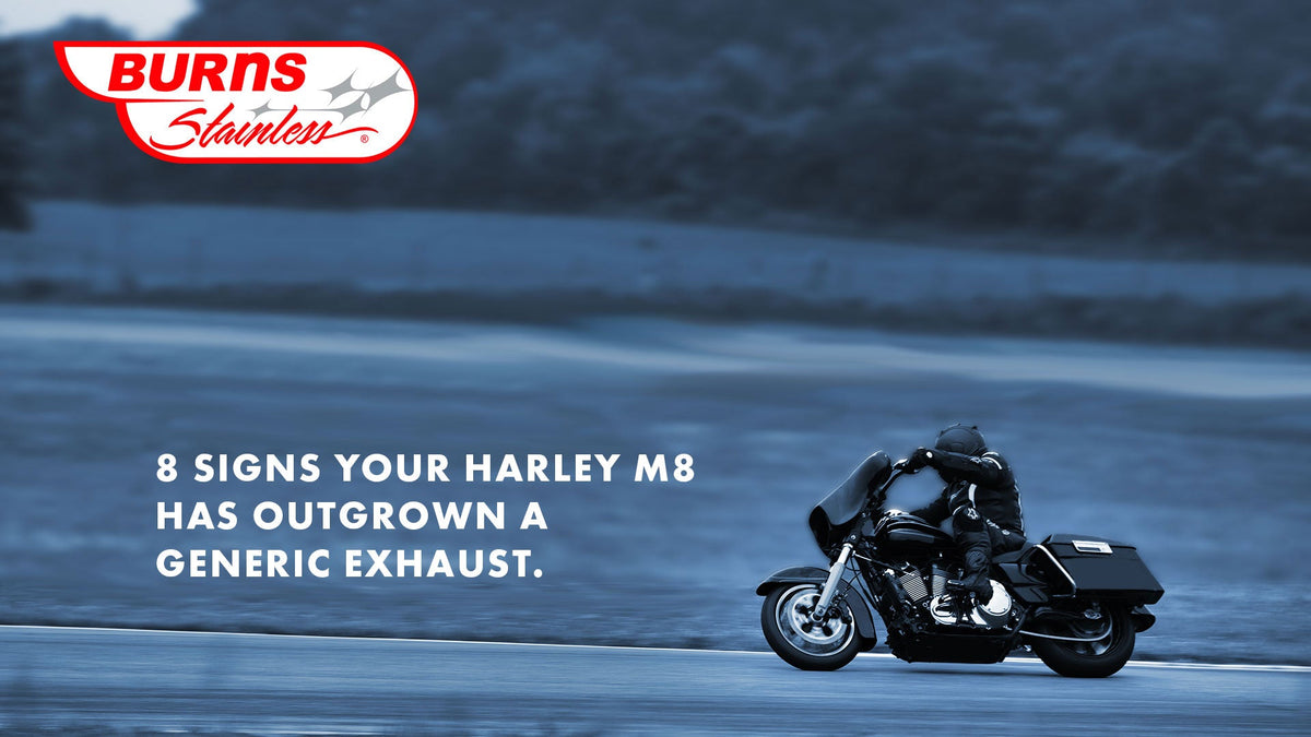 Image depicting a Harley M8 motorcycle with the text '8 Signs Your HARLEY M8 Has Outgrown A Generic Exhaust'.